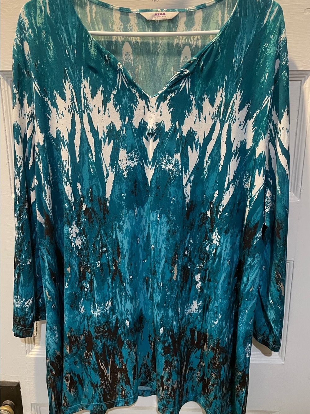 Alia Teal and White Abstract V-Neck Tunic, Size 3X